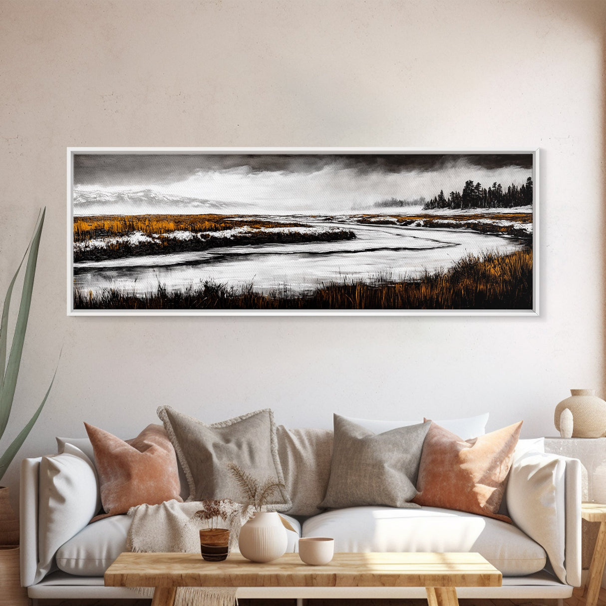 Snowy River Artwork, Mountain Landscape Painting, Rustic Winter Decor, Black and White Wall Art, Nature Print, Living Room Art, Canvas Print
