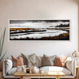 Snowy River Artwork, Mountain Landscape Painting, Rustic Winter Decor, Black and White Wall Art, Nature Print, Living Room Art, Canvas Print