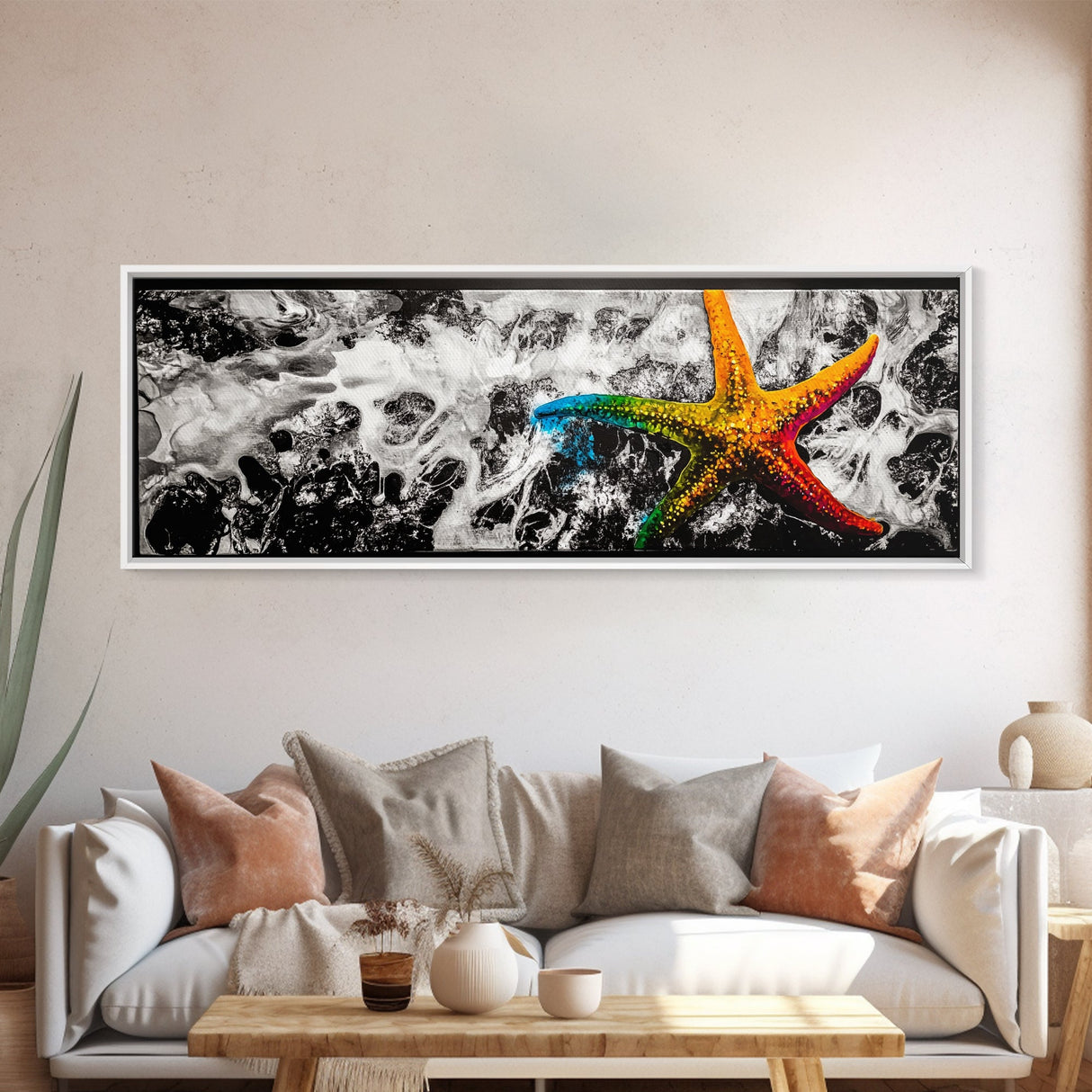 Starfish Abstract Painting, Coastal Beach Wall Art, Vibrant Ocean Decor, Tropical Statement Art, Modern Seascape Print, Framed Canvas Print