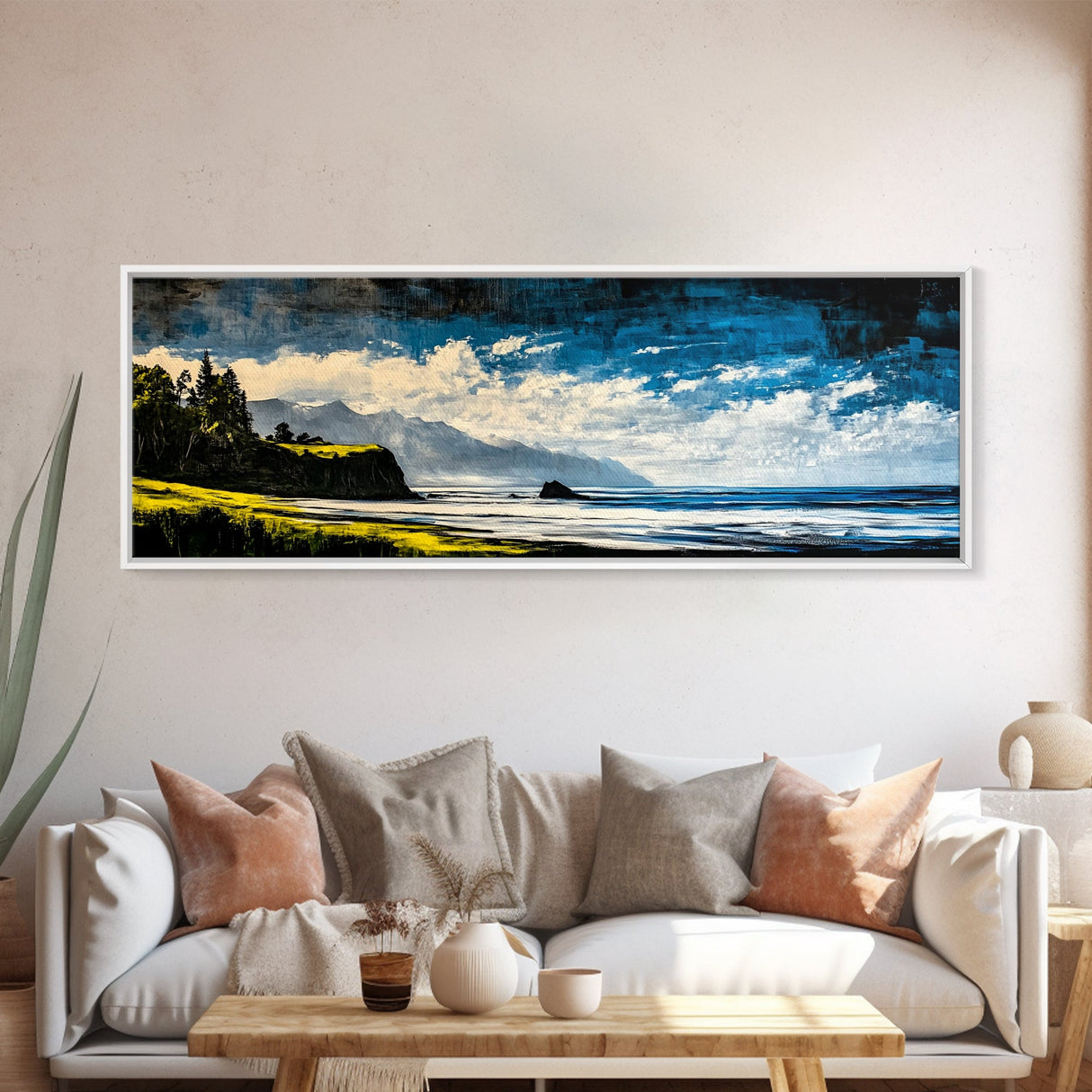 Coastal Cliff Painting, Blue Ocean Wall Art, Scenic Seaside Landscape, Nature Decor, Relaxing Beach Artwork, Bedroom Wall Art, Canvas Print