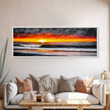 Fiery Sunset Over Ocean, Vibrant Beach Painting, Red and Yellow Sky Wall Art, Coastal Home Decor, Seascape Art, Living Room Artwork, Canvas Print