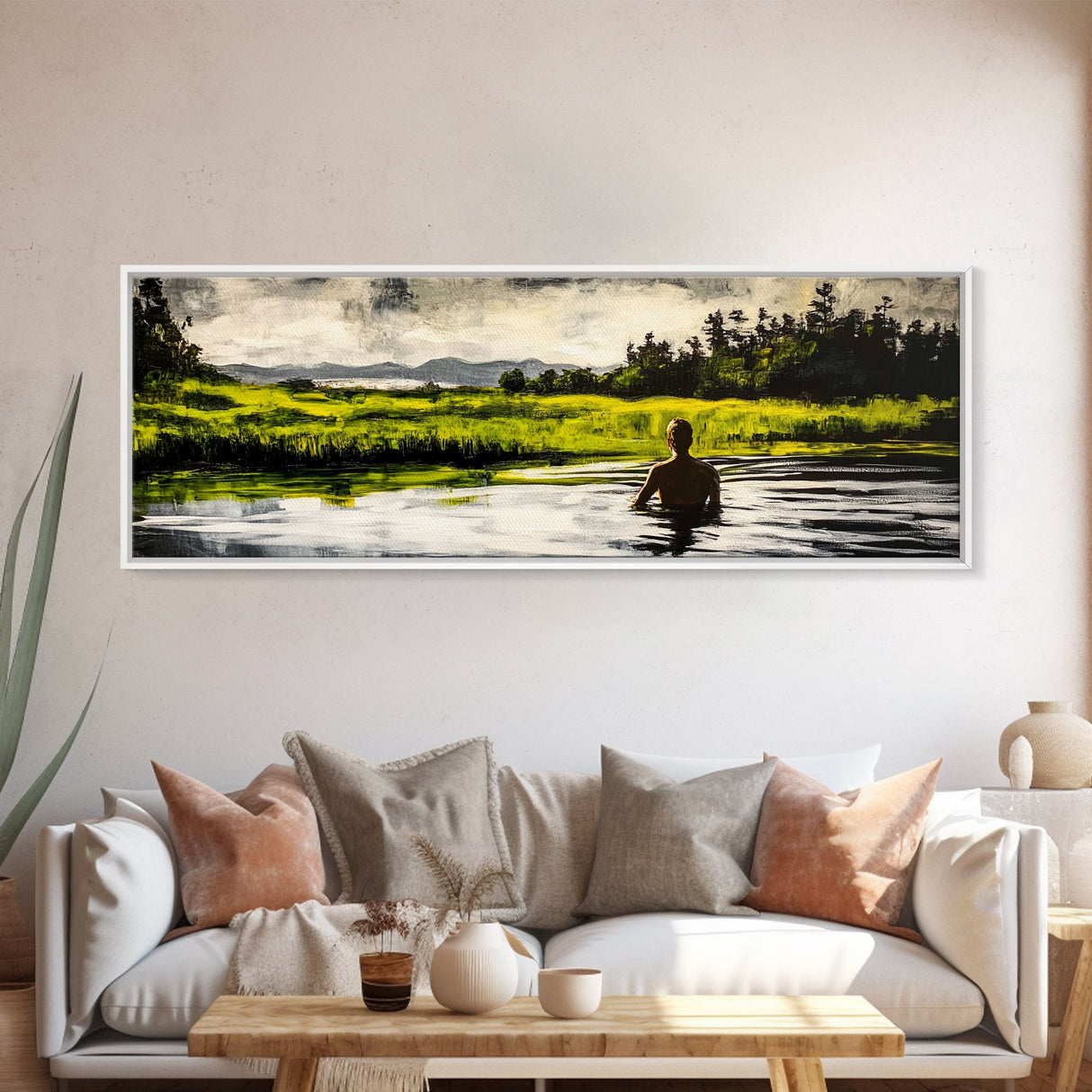 Man, Water, Reflection, Framed Canvas Print, Serene Landscape Art, Tranquil Wall Decor, Nature Inspired Painting, Moody Green Aesthetic