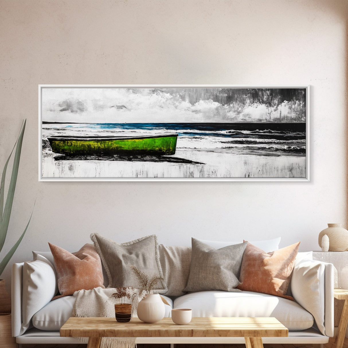 Seaside Boat, Coastal Art, Minimalist Nautical, Framed Canvas Print, Black and White Beach Art, Ocean Scene, Modern Seascape, Contemporary Decor