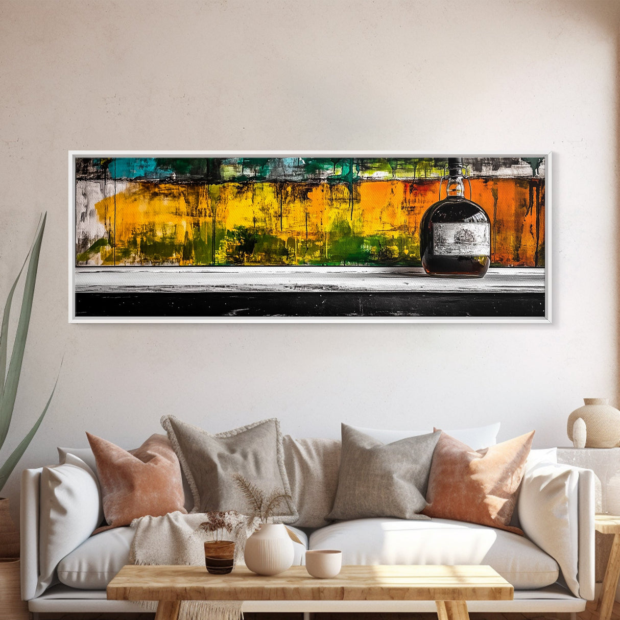 Whiskey Bottle, Abstract Bar Art, Rustic Decor, Framed Canvas Print, Liquor Wall Art, Modern Kitchen Art, Fall Wall Art
