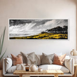 Coastal Serenity, Yellow Field, Stormy Sky, Canvas Print, Ocean Landscape, Beach House Art, Modern Nature Painting, Living Room Wall Decor