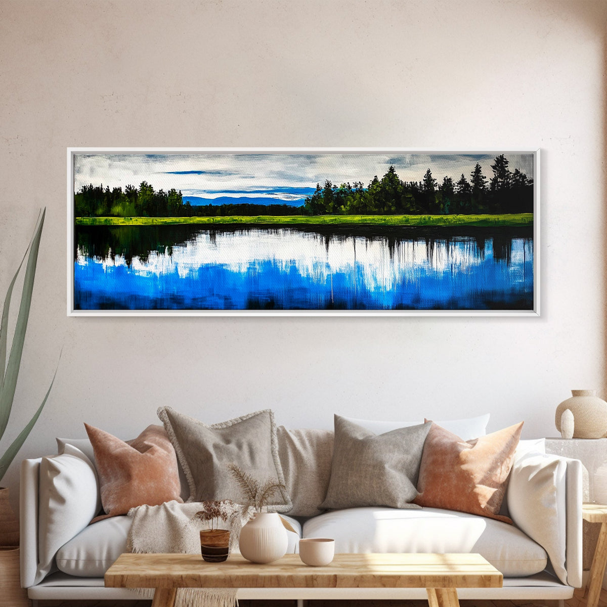 Lake Reflection, Blue Sky, Green Landscape, Framed Canvas Print, Large Wall Art, Nature Painting, Office Decor, Living Room Wall Art