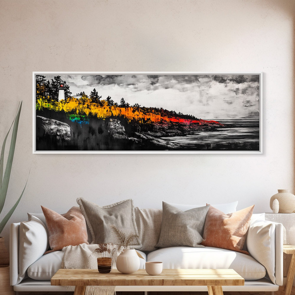 Lighthouse Coast, Ocean View, Rocky Shore, Canvas Print, Nautical Wall Art, Seascape Painting, Beach House Decor, Office Wall Art