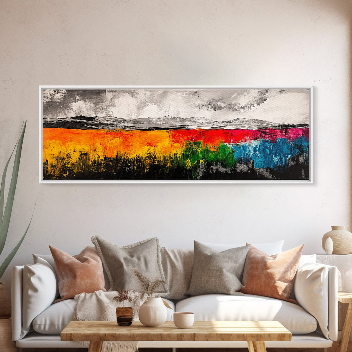 Vibrant Abstract Field, Colorful Landscape Painting, Modern Farmhouse Wall Art, Boho Nature Print, Warm Earthy Decor, Framed Canvas Print