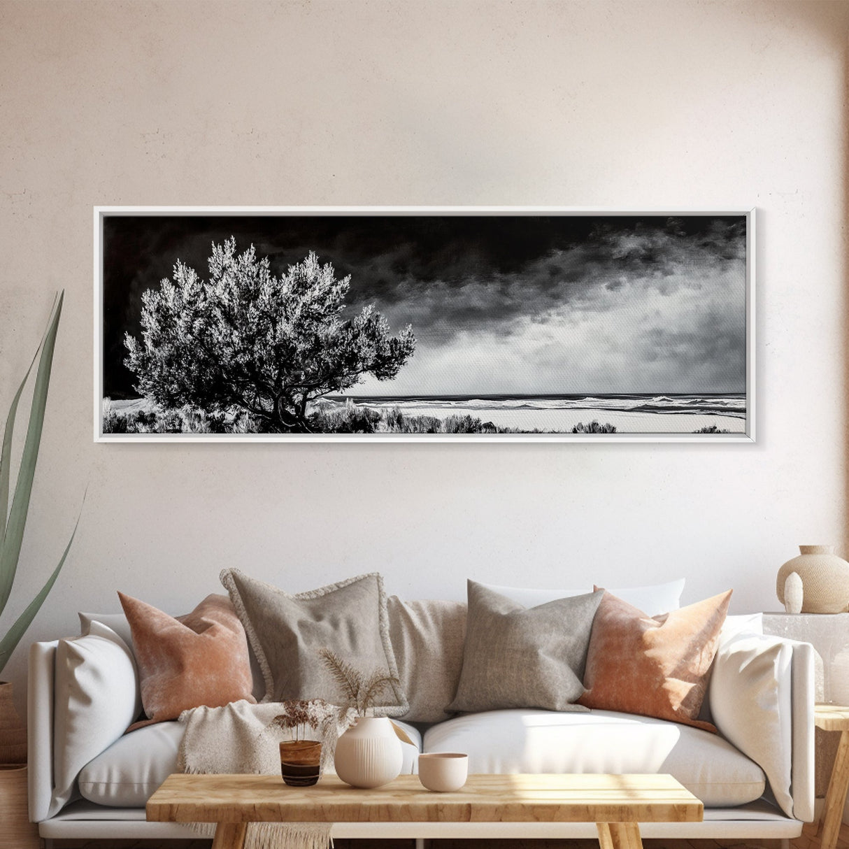 Monochrome Tree Art, Dramatic Nature Painting, Black and White Wall Decor, Minimalist Forest Print, Modern Office Art, Framed Canvas Print