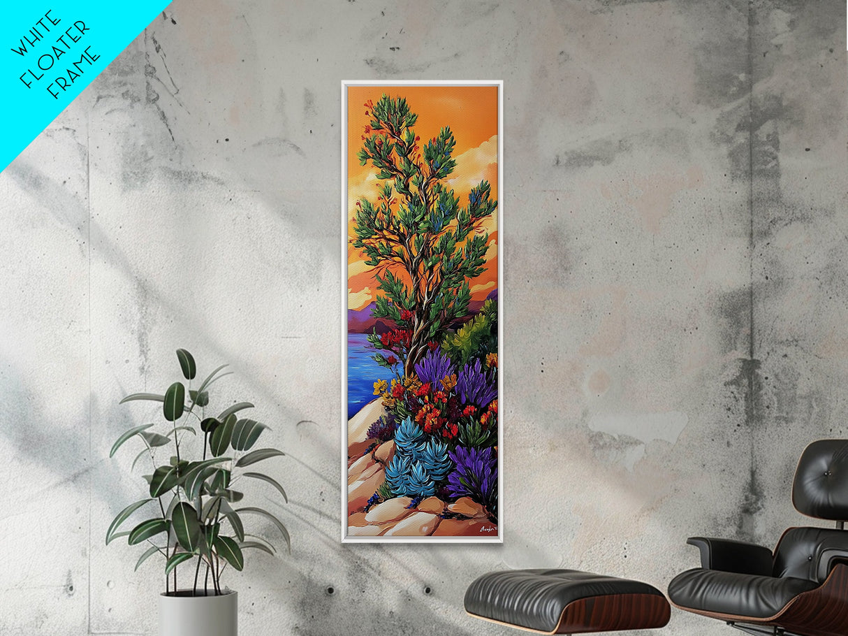 Sunset Tree, Wildflowers Desert, Canvas Print, Autumn sunset art, southwestern nature decor, boho fall home accent, canyon wall painting