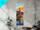 Desert Cactus, Reflection Art, Framed Canvas Print, bold southwest landscape, cacti and red rock lake scene, rustic style living room wall art
