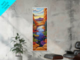Pond Lilies, Canyon Scene, Framed Canvas Print, colorful lily pond canyon art, desert blooms, bold nature painting, dining room wall art