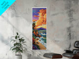 Beach Cliffs, Sunset Painting, Framed Canvas Print coastal cliffside view with crashing waves vibrant beach wall art tropical living room décor