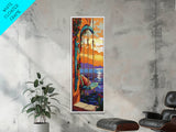 Swing Balcony, Sunset Painting, Framed Canvas Print, cozy seaside, balcony swing view, dreamy boho home decor, tropical romantic sunset wall art