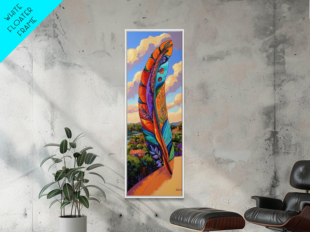 Feather Sky, Tribal Colorful, Bold feather landscape Framed Canvas Print, boho chic wall art, meditation room wall decor