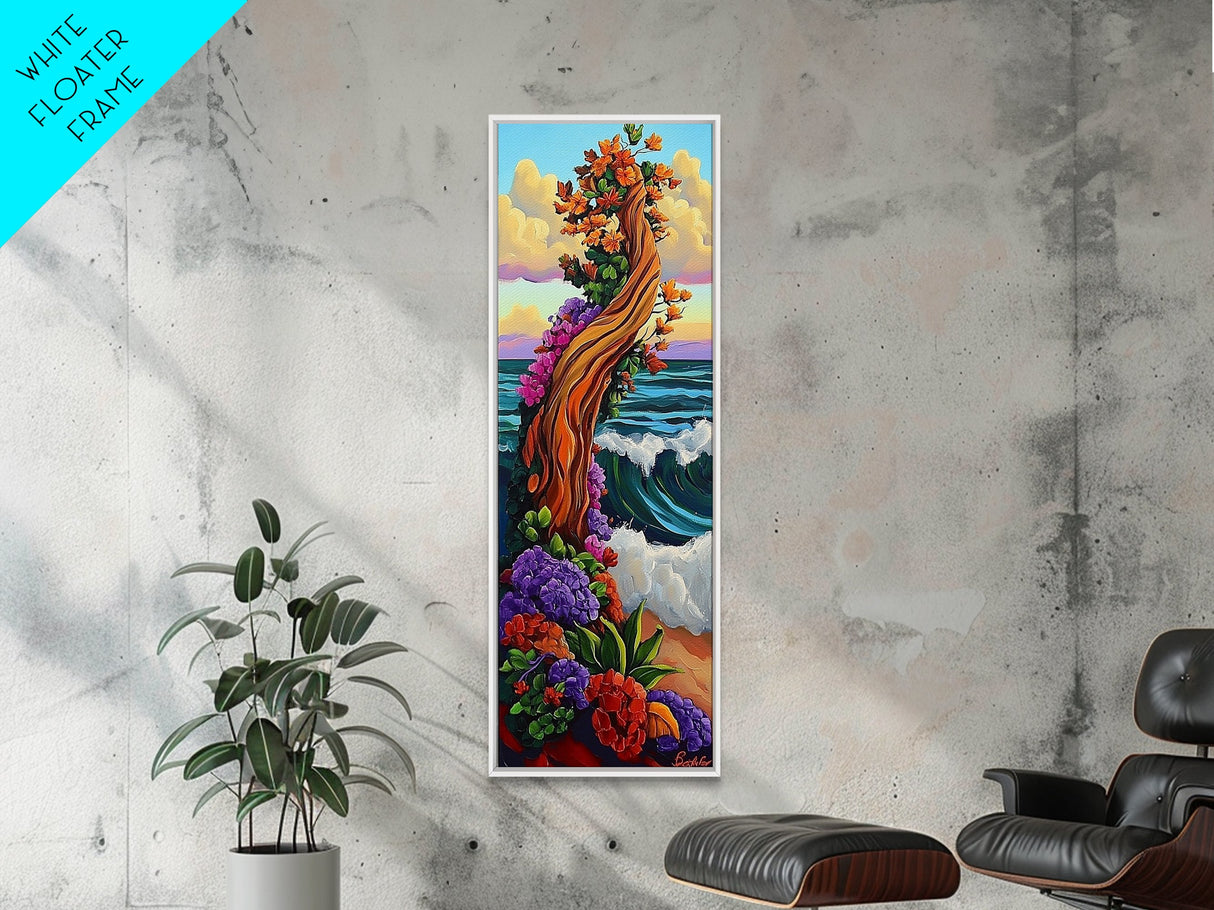 Tree Ocean, Flowers Waves, Whimsical tree by sea Framed Canvas Print, vibrant fantasy wall art, kids room or decor