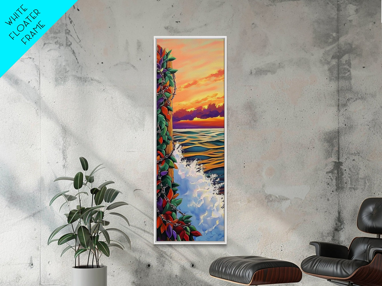 Sunset Waves, Colorful Leaves, Beach Serenity, Framed Canvas Print, vibrant ocean wall decor, boho coastal living room art