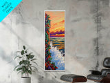 Sunset Waves, Colorful Leaves, Beach Serenity, Framed Canvas Print, vibrant ocean wall decor, boho coastal living room art