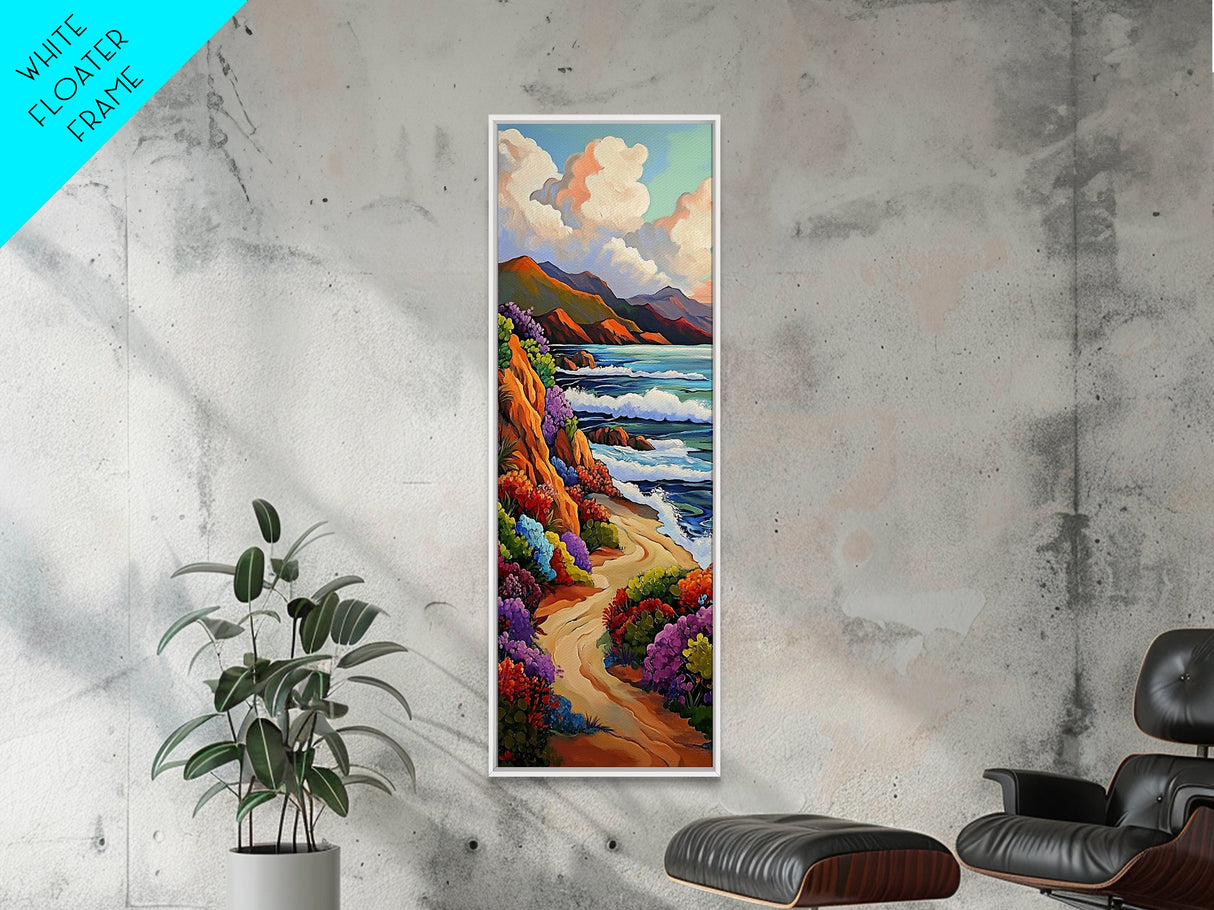 Ocean Cliffside, Wildflowers Path, Canvas Print colorful coastal path painting, vibrant nature landscape, modern beach art, kitchen wall decor