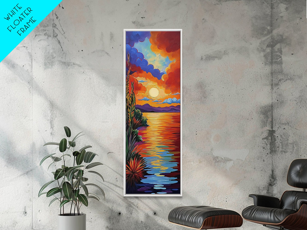 Sunset Reflections, Bold Lake, Framed Canvas Print vibrant sunset over water, colorful sky and lake scene, tranquil evening art, nature decor