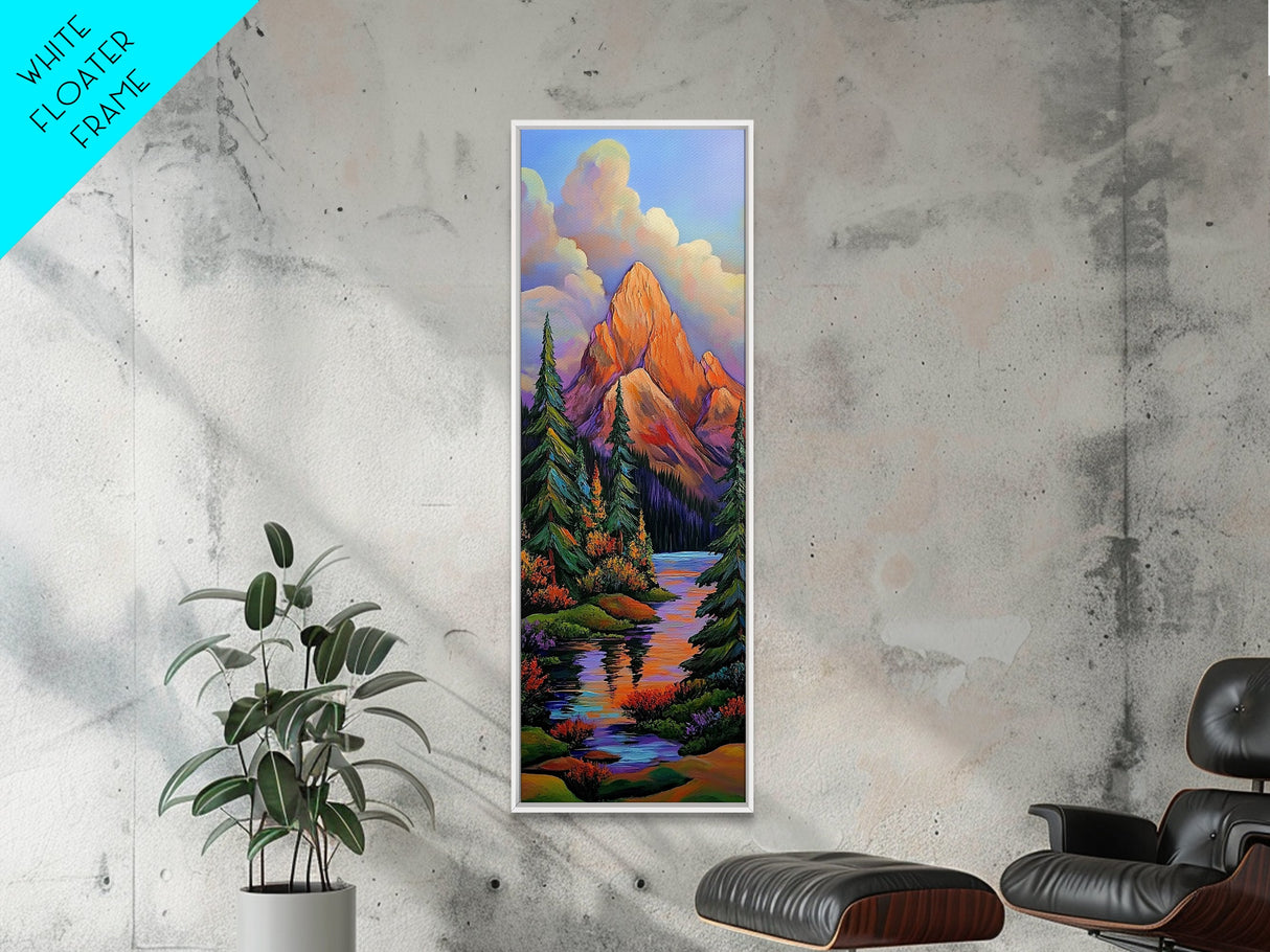 Mountain Pines, Autumn Stream, Framed Canvas Print vibrant alpine landscape painting, autumn trees and lake reflection, rustic lodge wall decor