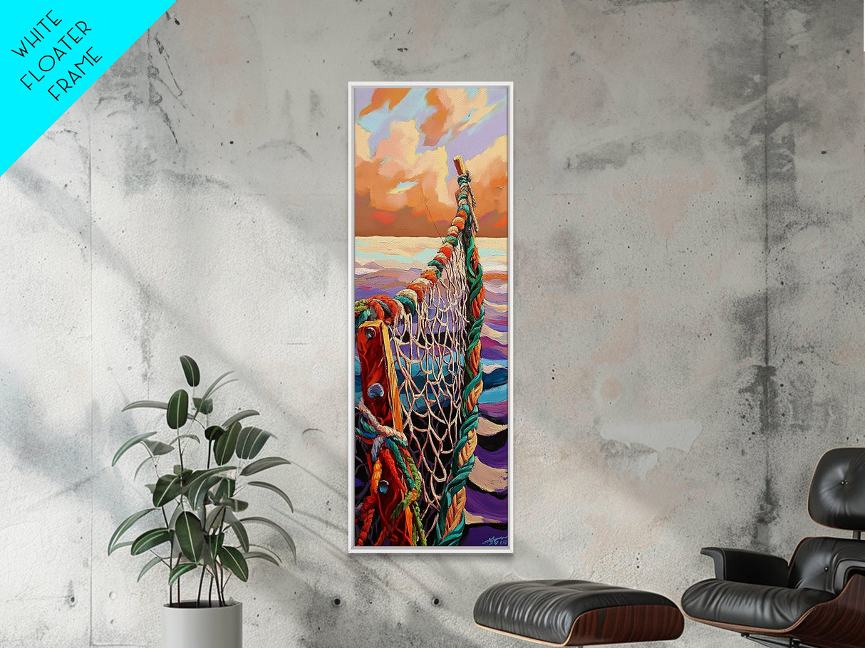 Net Ocean, Sunset Nautical – Canvas Print rustic fisherman’s net painting, nautical themed wall art, beach decor, living room statement art