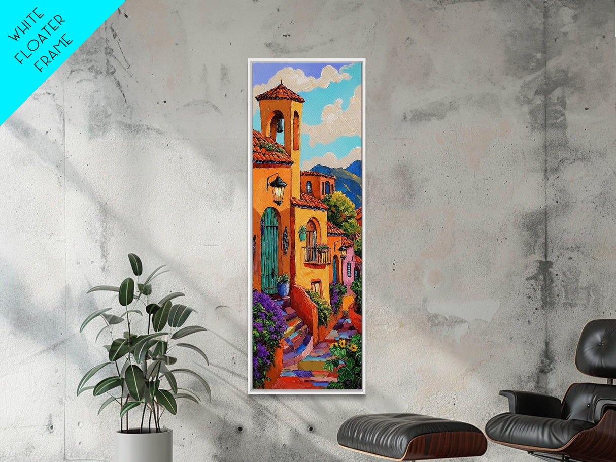 Village Steps, Warm Colors, Terracotta Homes, Canvas Print, vibrant street view painting, boho rustic style, hallway or kitchen wall art