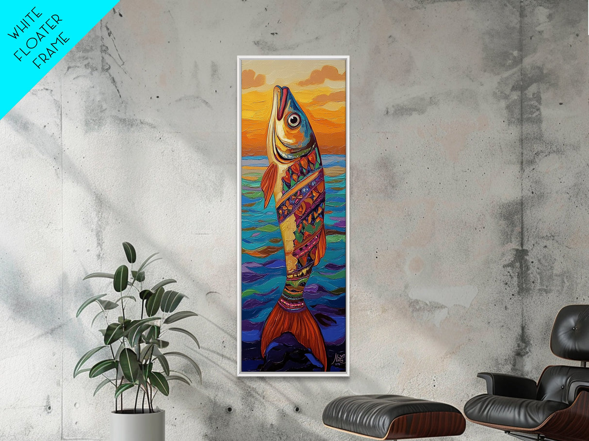 Tribal Fish, Ocean Sunset, Nautical Folk Art, Framed Canvas Print, coastal kitchen decor, whimsical ocean creature, colorful boho wall art