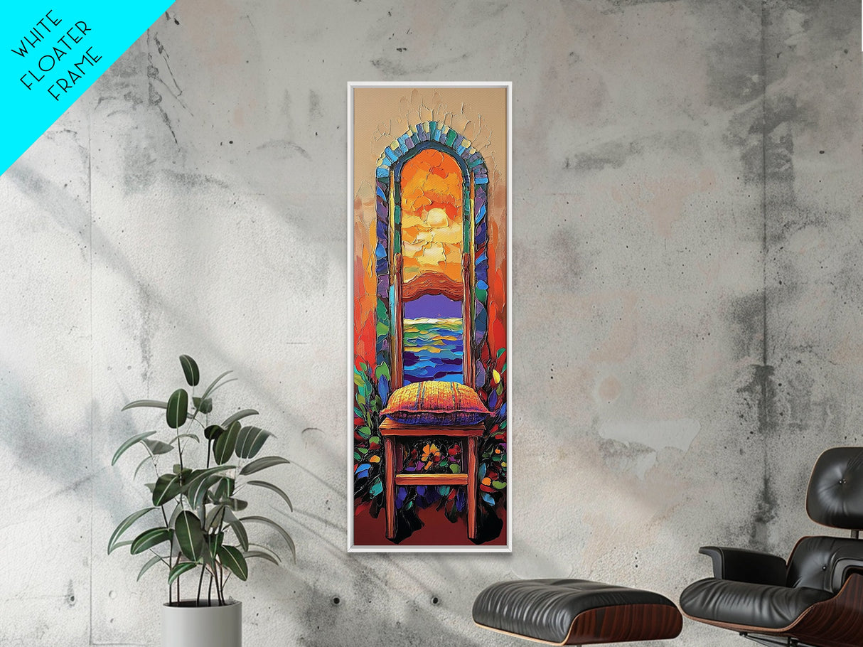 Chair, Window, Dream View, Colorful Surreal Framed Canvas Print, Vibrant Boho Wall Art, Bedroom Accent Piece, Artistic Home Decor Statement