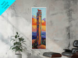 Totem, Ocean, Sunset, Whimsy - Framed Canvas Print, Coastal Totem Wall Art, Whimsical Beach House Decor, Colorful Folk Art Living Room Style