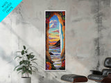 Ocean, Sunset, Archway, View, Framed Canvas Print, Coastal wall decor, tropical beach art, vibrant living room painting, boho landscape style