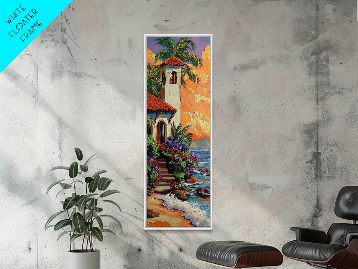 Seaside, Villa, Sunset, Palms, Framed Canvas Print, Coastal tropical wall art, beach house decor, boho living room painting, colorful home vibes