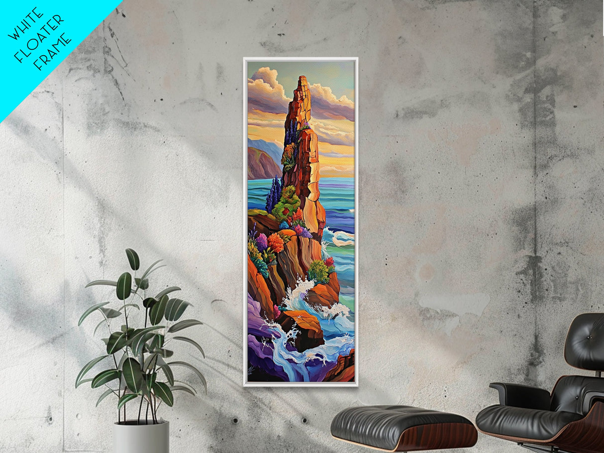 Cliff, Ocean, Wildflowers, Waves, Framed Canvas Print, Coastal nature wall art, vibrant landscape decor, colorful living room painting