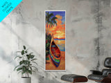 Sunset, Boat, Beach, Tropical, Framed Canvas Print, coastal boat painting, beach wall art, living room decor, colorful sunset, nautical art