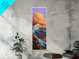 Wave, Sunset, Surf, Ocean, Canvas Print, dramatic wave crashing painting, sunset surf wall art, vibrant beach decor, surf shack canvas