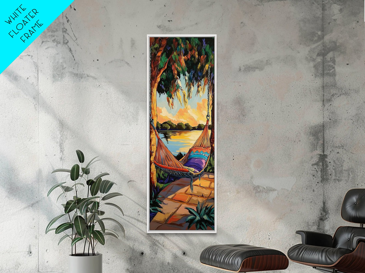 Hammock, Sunset, Relaxation, Trees, Framed Canvas Print, Boho Patio Wall Decor, Summer Vibes, Chill Outdoor Art, Serene Living Room Accent