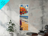 Beach, Umbrella, Waves, Retro Summer Vibes Coastal Framed Canvas Print, Colorful Ocean Wall Art, Beach House Decor, Living Room Art