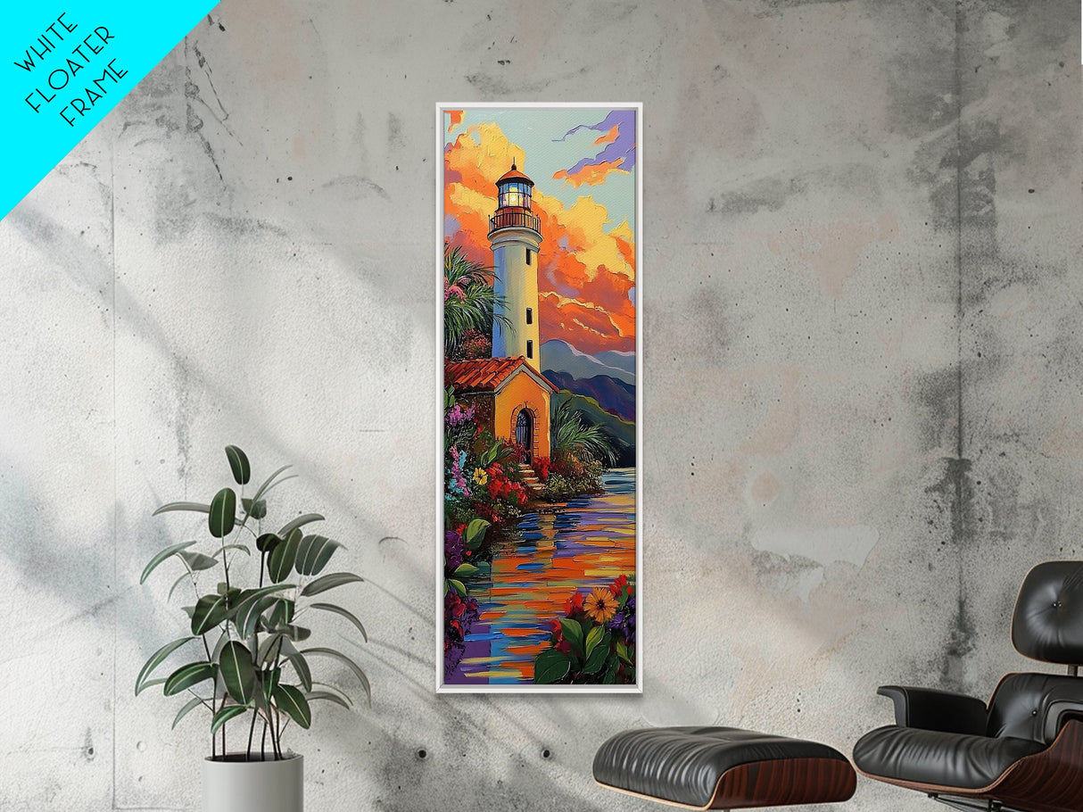 Lighthouse, Mountains, Sunset, Water, Framed Canvas Print, Coastal Landscape Wall Art, Nautical Home Decor, Vibrant Living Room Artwork