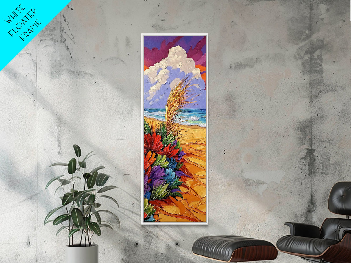 Ocean, Sand, Florals, Bold, Framed Canvas Print vibrant beach floral wall art coastal boho painting living room decor tropical gift idea