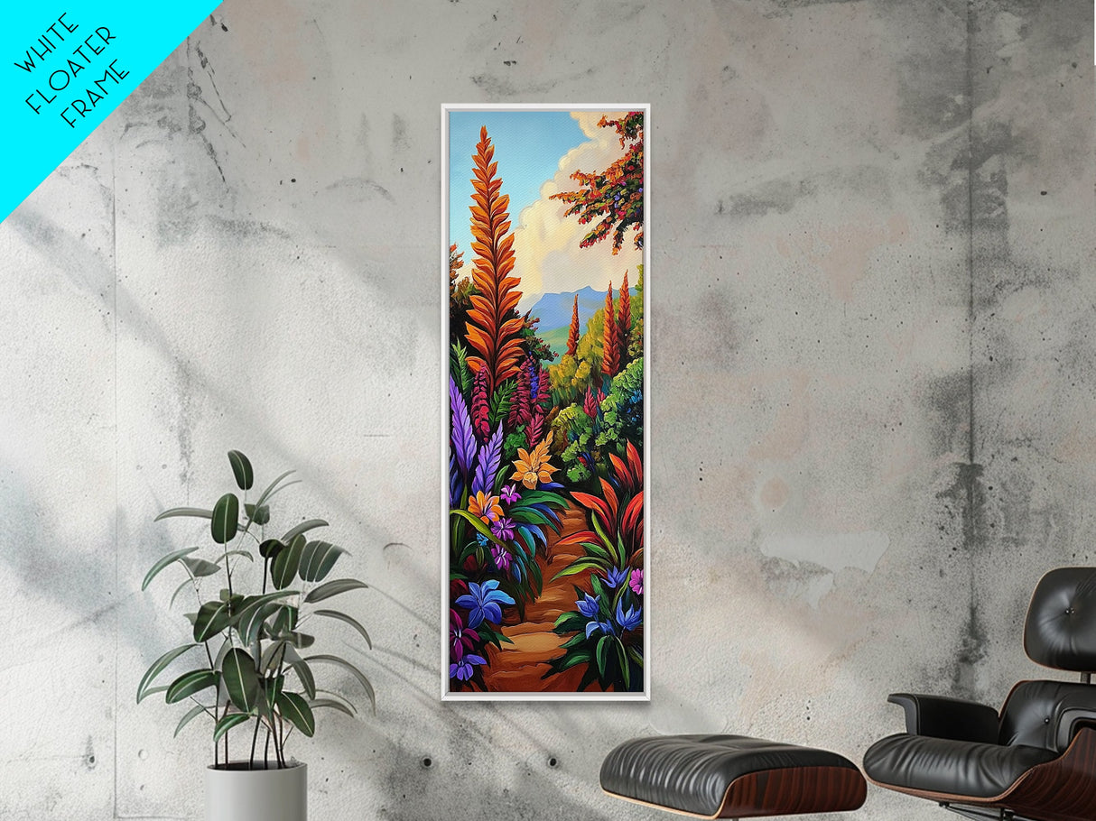 Jungle, Pathway, Tropical, Florals, Framed Canvas Print vibrant rainforest trail painting boho nature themed hallway or office wall art