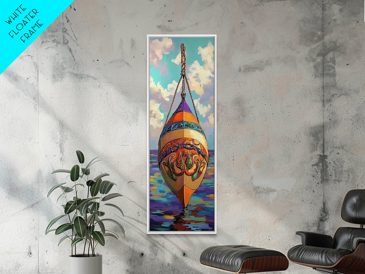 Buoy, Ocean, Nautical, Decorative, Framed Canvas Print whimsical nautical buoy painting coastal boho wall art beach house bathroom decor