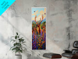 Elk, Meadow, Nature, Art, Framed Canvas Print featuring deer herd in wildflowers, cozy lodge style, Autumn cabin decor, rustic wall art