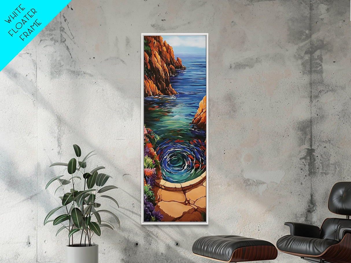 Ocean, Vortex, Cliffside, Landscape, Framed Canvas Print with ocean whirlpool, mystical seascape, fantasy art, coastal bathroom wall art