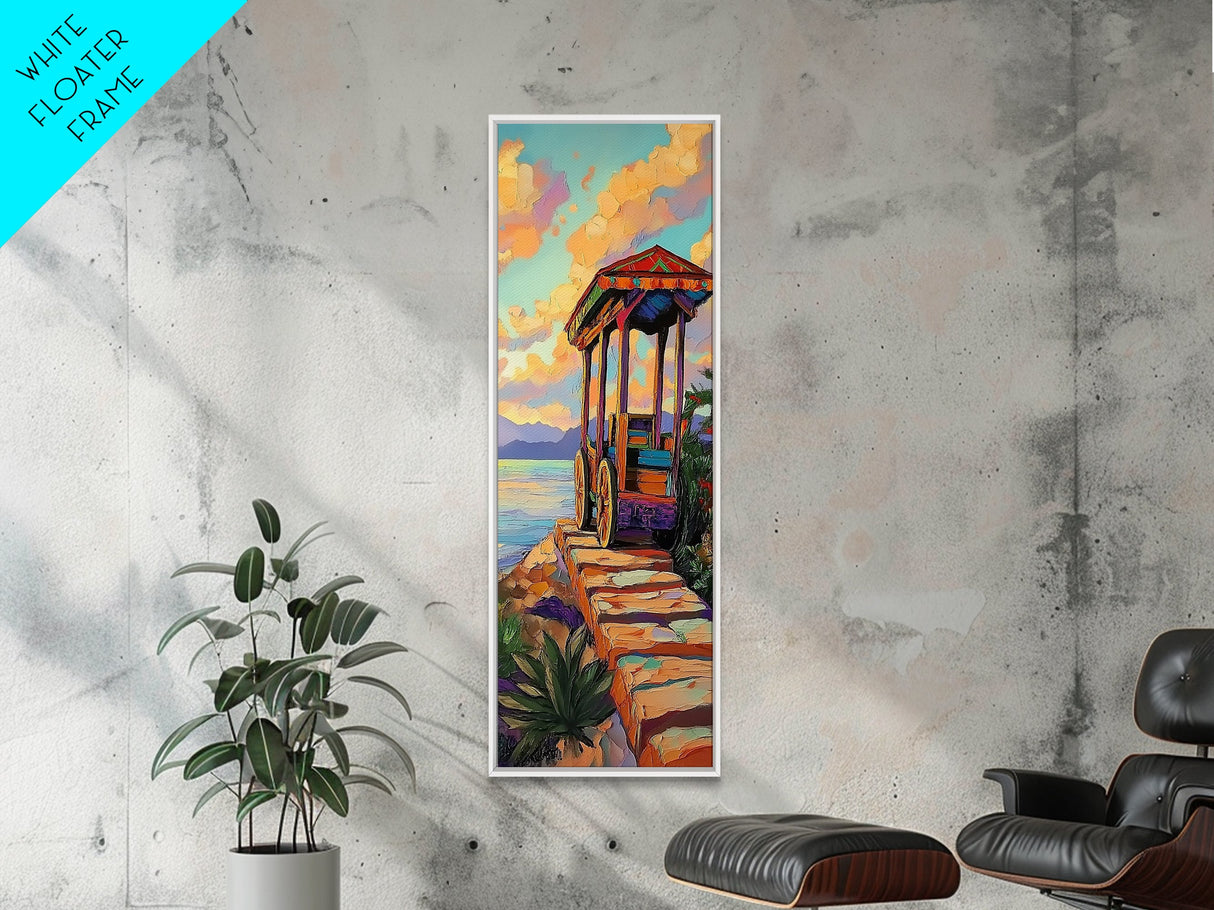 Wagon, Desert, Sunset, Vibes, Framed Canvas Print with rustic colorful wagon, boho western decor, entryway wall art, farmhouse aesthetic