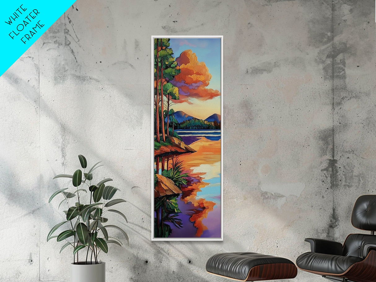 Lake, Pines, Sunset, Art, Framed Canvas Print of forest lakeside at golden hour, tranquil nature art, cozy cabin wall decor, Fall vibes