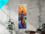 Woman, Sunset, Canoe, Vibrant Mexican Sunset Canvas Print, Latin American Decor, Living Room Wall Art, Bohemian Coastal Painting
