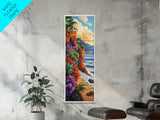 Ocean, Flowers, Cliff, Sunset, Framed Canvas Print, Vibrant Coastal Landscape, Dining Room Wall Art, Colorful Beachside Decor