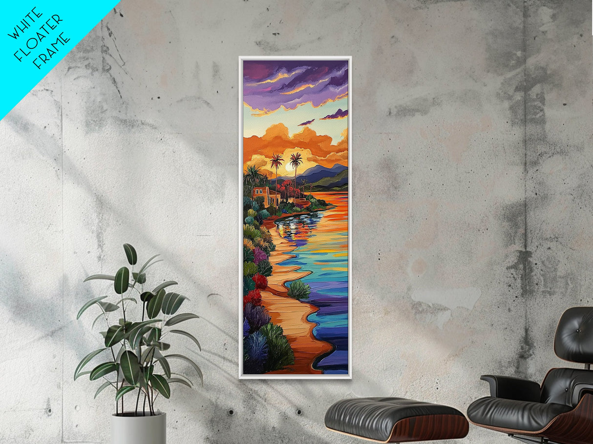 Sunset, Palm Trees, Water, Reflection, Framed Canvas Print, Tropical boho art ideal Living Room Wall Art or Beach House Coastal Decor