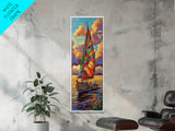 Sailboat Sunset, Nautical Colors, Coastal Adventure Wall Art, Tropical Summer Decor, Beach House Style, Framed Canvas Print