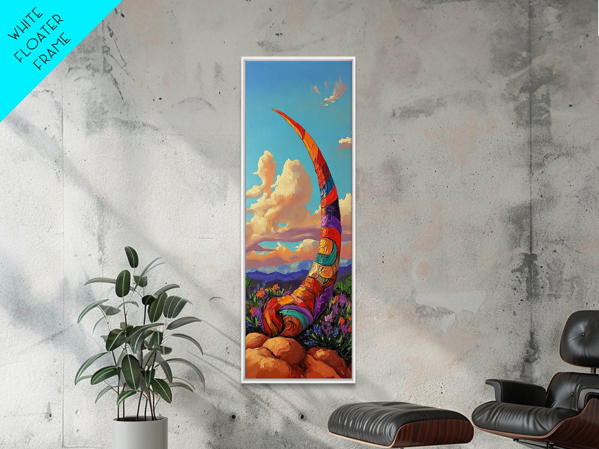 Horn, Abstract, Desert, Vibrant Desert Horn Framed Canvas Print, Surreal Boho Wall Art, Rustic Southwest Decor, Meditation Room Accent